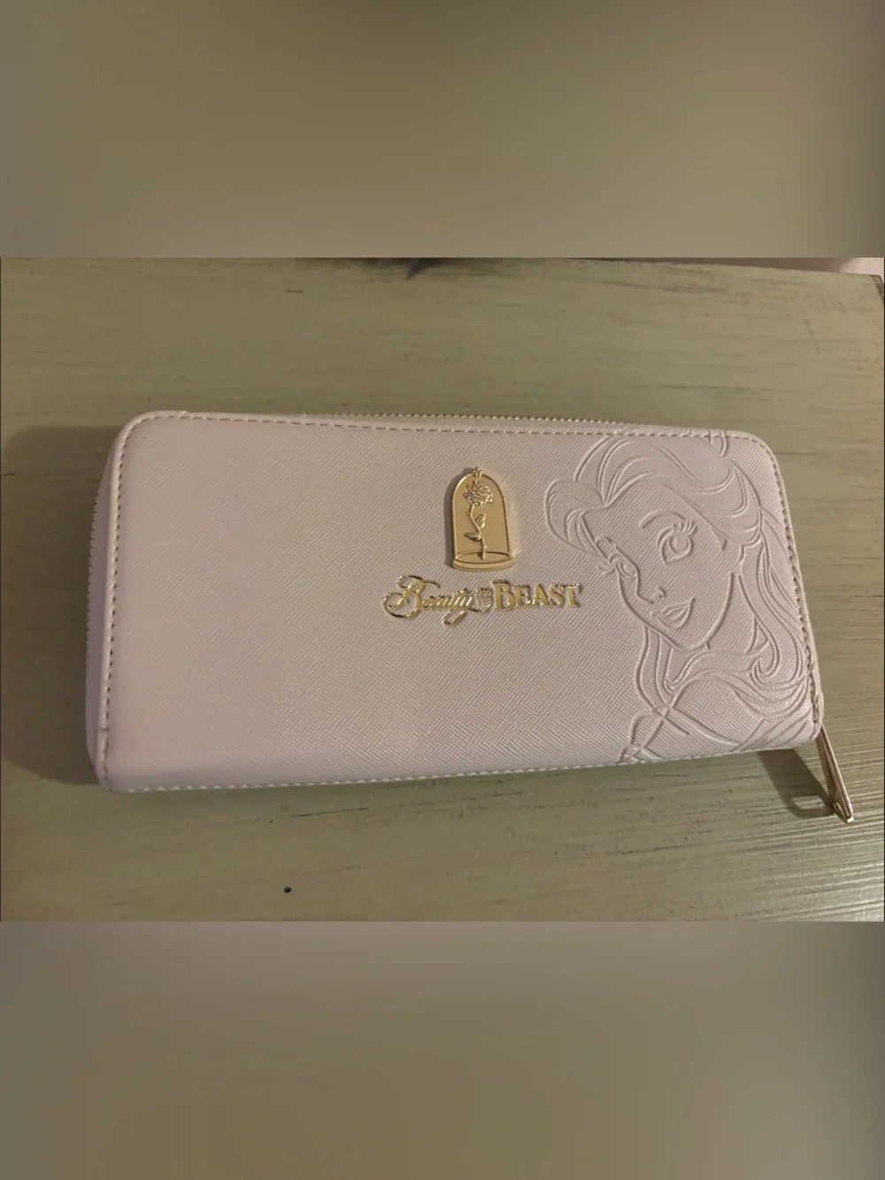 Disney Beauty and the Beast Light Pink Zip Wallet with Gold Accents